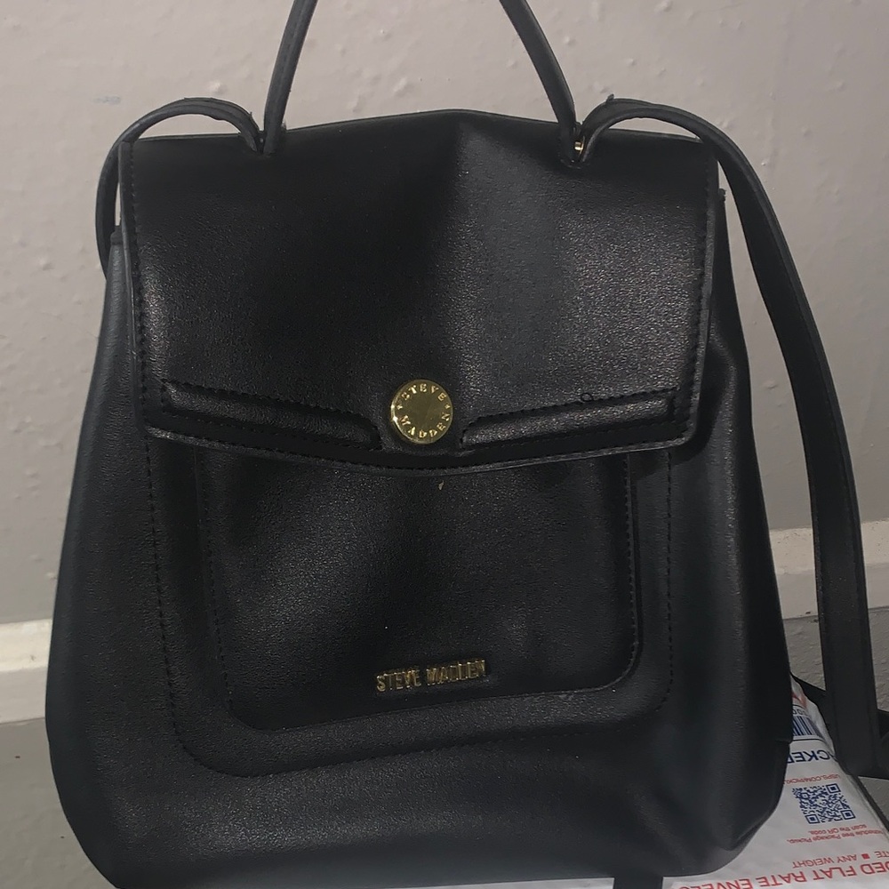 Steve Madden Black Faux Leather Mini Backpack with Gold Accents
